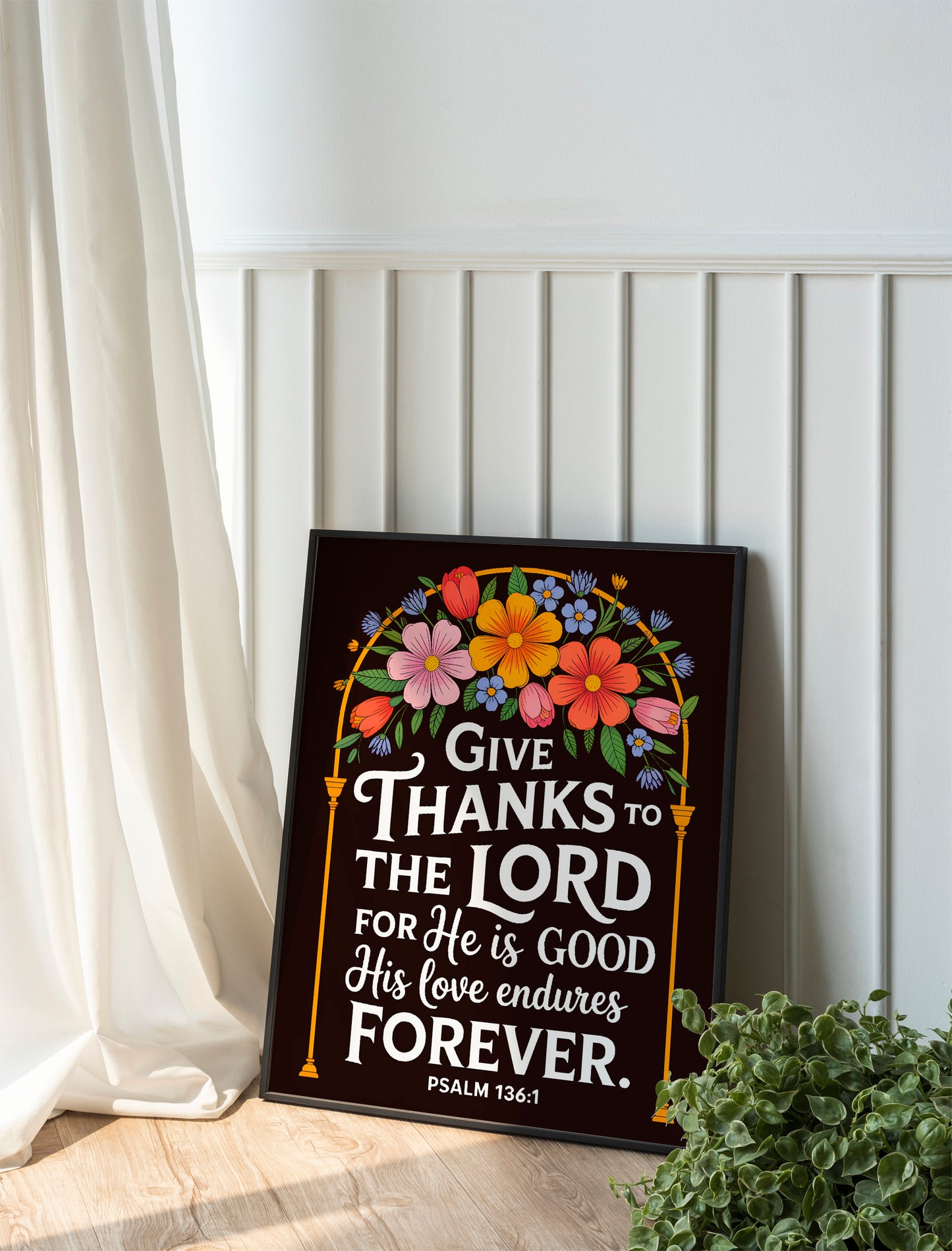 Give Thanks to the Lord Art - Psalm 136:1 Christian Art with Floral Arch Design, Thanksgiving Scripture Wall art