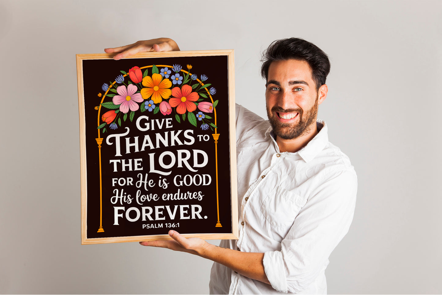 Give Thanks to the Lord Art - Psalm 136:1 Christian Art with Floral Arch Design, Thanksgiving Scripture Wall art