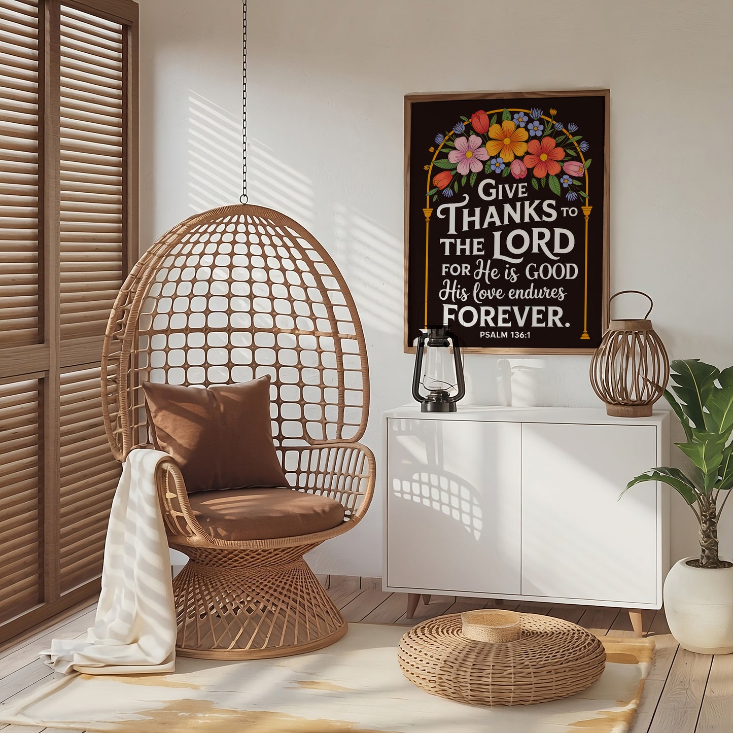 Give Thanks to the Lord Art - Psalm 136:1 Christian Art with Floral Arch Design, Thanksgiving Scripture Wall art