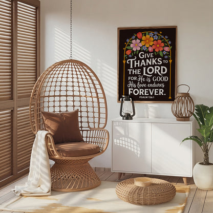 Give Thanks to the Lord Art - Psalm 136:1 Christian Art with Floral Arch Design, Thanksgiving Scripture Wall art