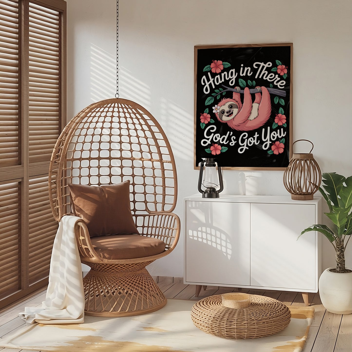 Hang in There God's Got You Art - Christian Encouragement Sloth Wall art, Fun Faith-Based Design for Kids and Women
