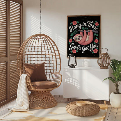 Hang in There God's Got You Art - Christian Encouragement Sloth Wall art, Fun Faith-Based Design for Kids and Women