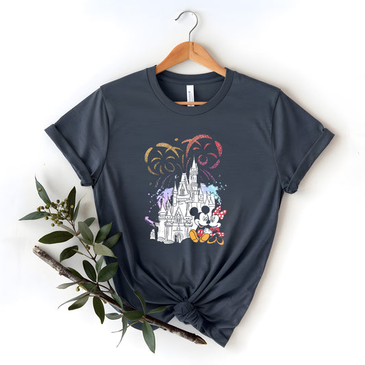 Cute Cartoon Couple T-Shirt | Castle & Fireworks Shirt | Whimsical Fairytale-Inspired Tee | Magic Night Castle Shirt | Cartoon Couple in Love Tee | Family Vacation Theme Park Shirt