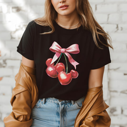 Mouse Ears Cherry Shirt | Retro Cute Bow Tee | Aesthetic Fruit-Inspired Graphic Tee | Cherry Bow Mouse Tee | Cottagecore Aesthetic Shirt | Kawaii Retro Fruit Design