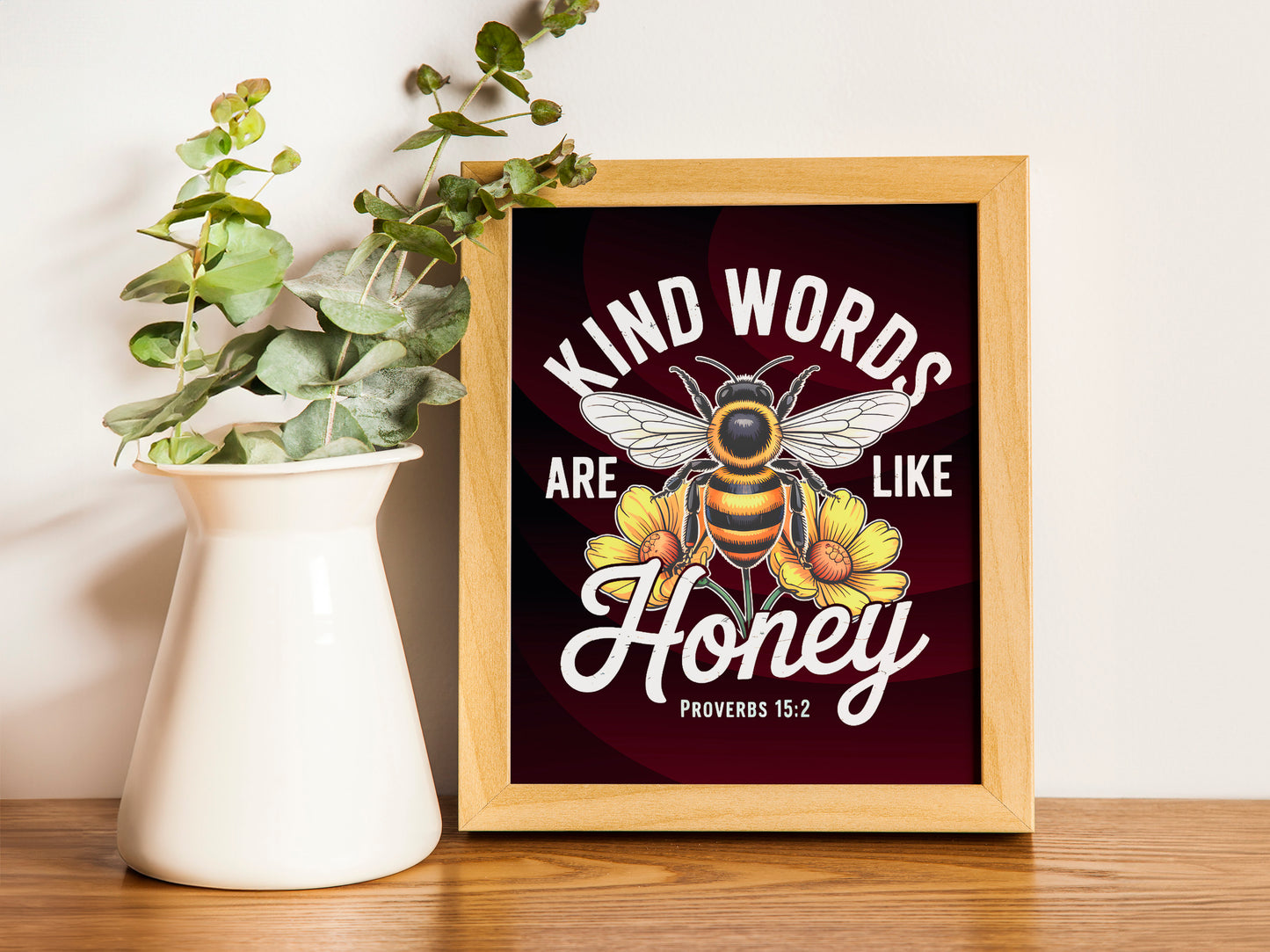 Kind Words Are Like Honey Art - Proverbs 16:24 Bee Christian Wall art with Floral Design, Faith Kindness Art