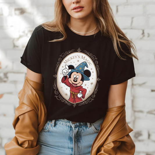 Mickey's Magic Shirt | Sorcerer Mickey Mouse Tee | Fantasia Wizard Hat Graphic Shirt | Mystical Wizard Ears Shirt | Fantasy Mouse-Inspired Tee | Enchanted Magic Character Design