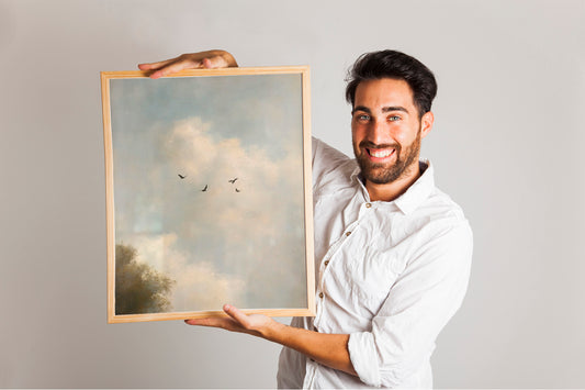 Vintage Cloud Painting Print, Plank & Pillow Wall Art, Large Landscape Decor for Home
