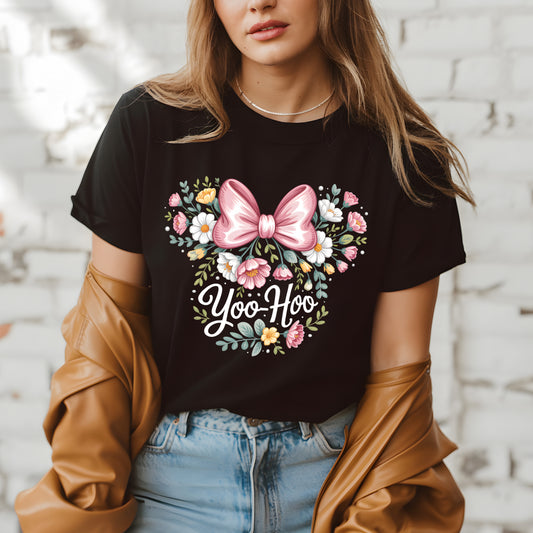 Minnie Mouse Yoo-Hoo Shirt | Floral Minnie Ears Tee | Disney Bow T-Shirt for Women | Yoo-Hoo Floral Bow Shirt | Cute Mouse Ears Tee | Spring Cottagecore Graphic T-Shirt