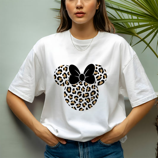 Minnie Mouse Leopard Print Shirt | Disney Cheetah Bow Ears Tee | Safari Minnie Vacation Shirt |  Trendy Leopard Bow Ears Shirt | Safari Style Mouse-Inspired Tee | Bold Graphic Shirt