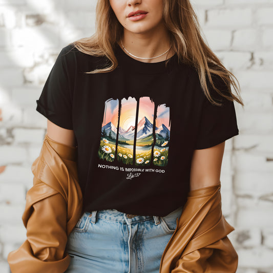 Nothing Is Impossible With God Shirt – Luke 1:37 Christian Mountain T-Shirt | Inspirational Christian Shirt – Luke 1:37 Bible Quote – Religious Floral Tee