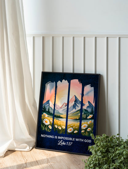 Nothing Is Impossible With God Art - Luke 1:37 Christian Art with Scenic Graphic Blocks, Faith Over Fear Wall art