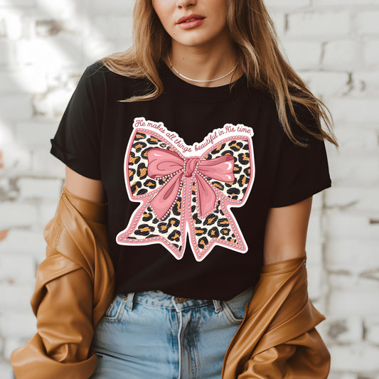 He Makes All Things Beautiful Shirt – Leopard Bow Christian T-Shirt for Women | Bible Verse Bow Shirt – Ecclesiastes 3:11 Leopard Print Tee – Faith Apparel
