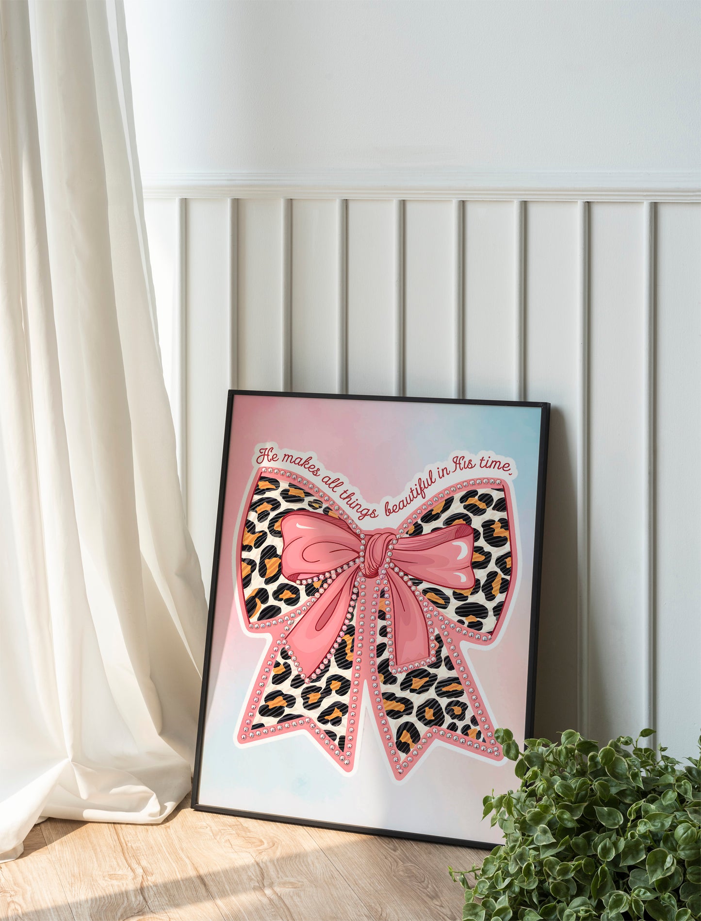 He Makes All Things Beautiful Art - Ecclesiastes 3:11 Leopard Bow Christian Wall art, Faith-Inspired Feminine Art