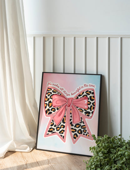 He Makes All Things Beautiful Art - Ecclesiastes 3:11 Leopard Bow Christian Wall art, Faith-Inspired Feminine Art