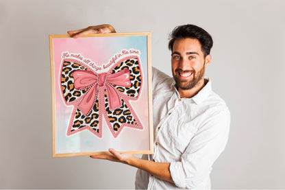 He Makes All Things Beautiful Art - Ecclesiastes 3:11 Leopard Bow Christian Wall art, Faith-Inspired Feminine Art