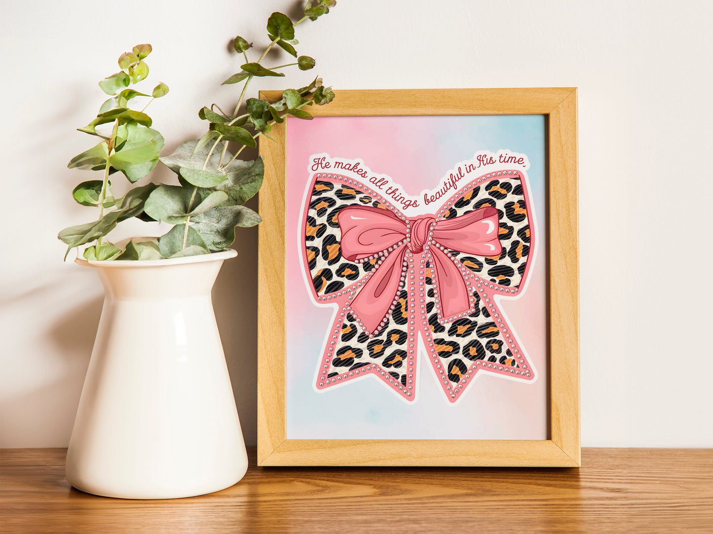 He Makes All Things Beautiful Art - Ecclesiastes 3:11 Leopard Bow Christian Wall art, Faith-Inspired Feminine Art