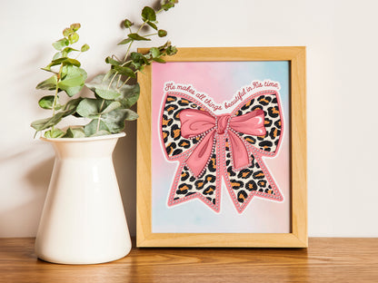 He Makes All Things Beautiful Art - Ecclesiastes 3:11 Leopard Bow Christian Wall art, Faith-Inspired Feminine Art