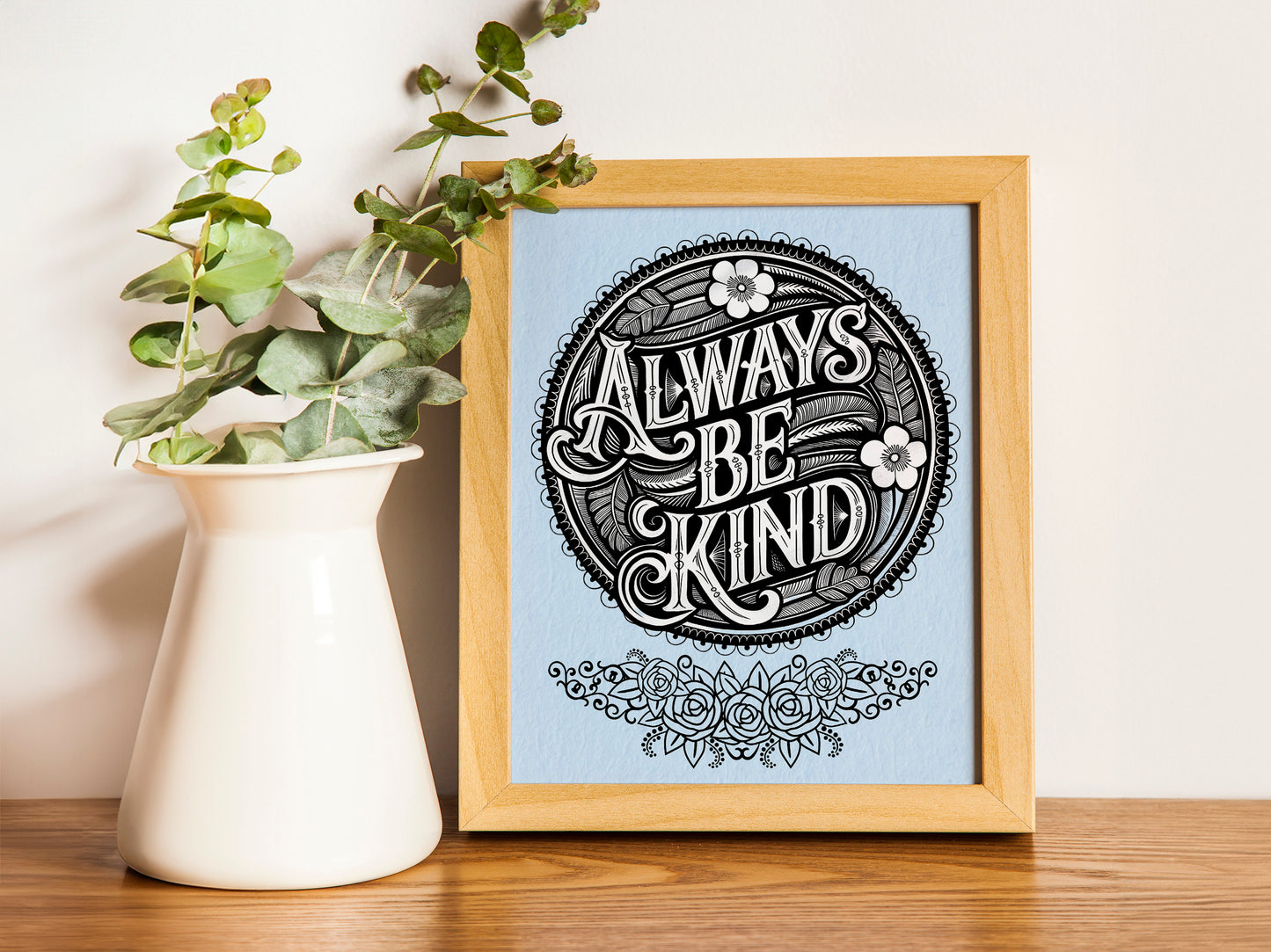 Christian Art - Always Be Kind - Black and White Scripture Graphic Wall art with Vintage Floral Frame, Inspirational Bible Verse Art
