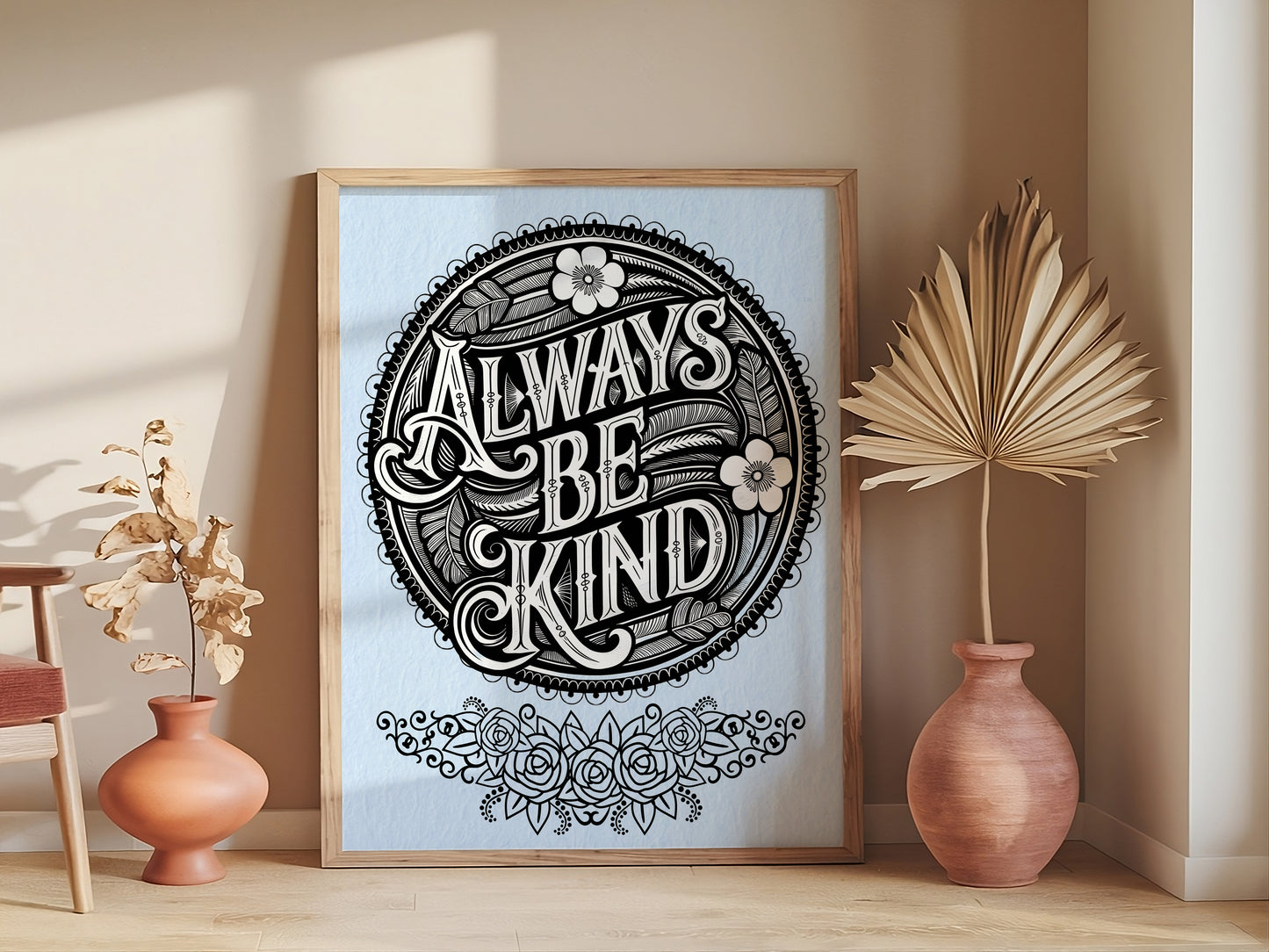 Christian Art - Always Be Kind - Black and White Scripture Graphic Wall art with Vintage Floral Frame, Inspirational Bible Verse Art