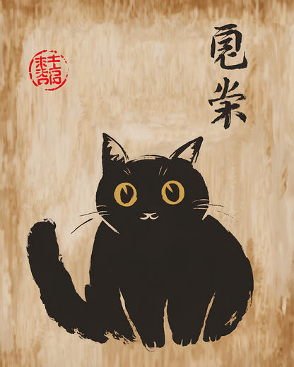 Japanese Cat Woodblock Print, Vintage Animal Wall Decor, Tabby Cat Lover Art Poster.