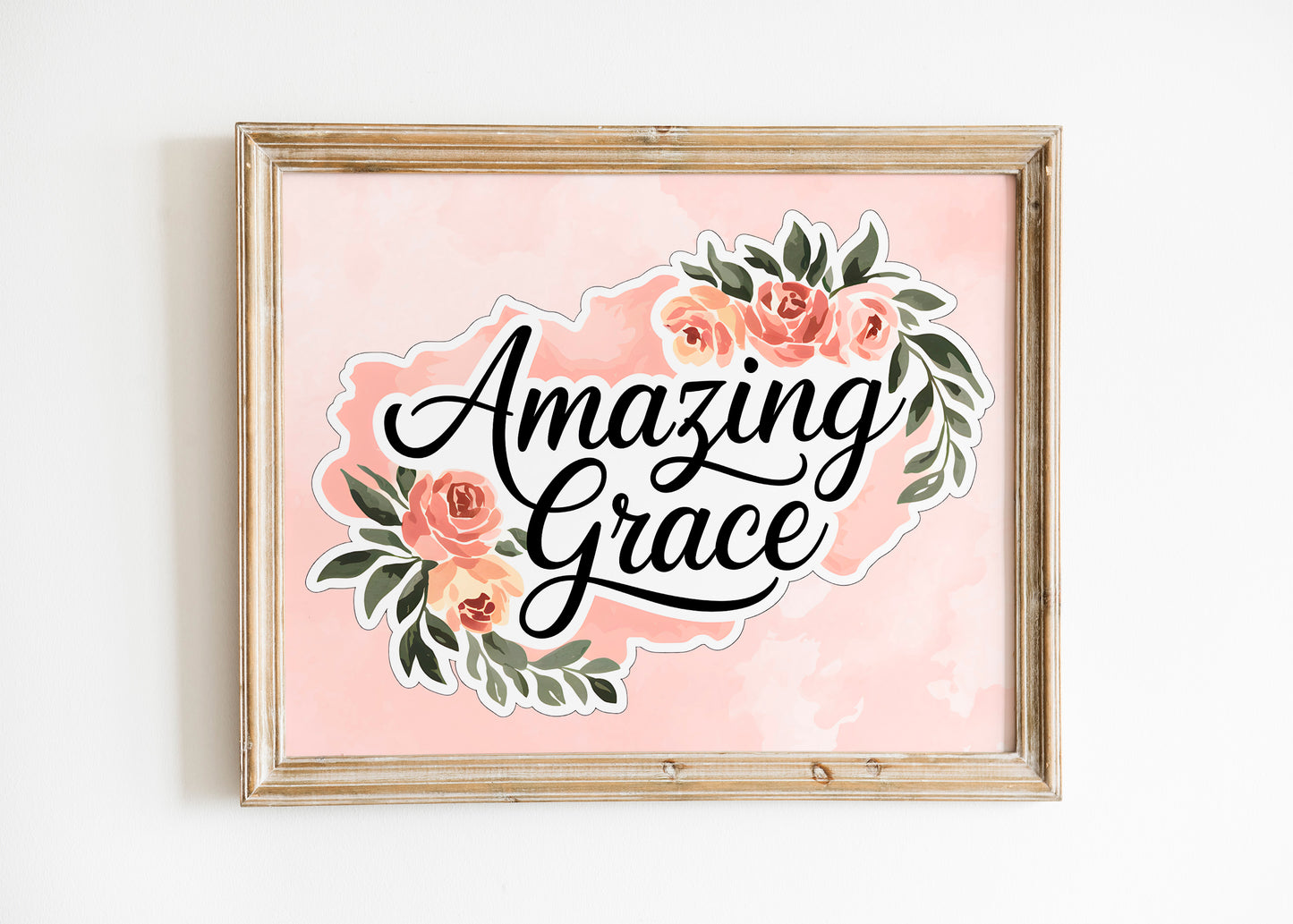 Christian Art - Amazing Grace - Floral Watercolor Graphic Wall art with Scripture Message, Religious Hymn Quote, Pastel Faith Art for Women