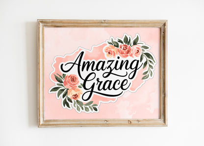 Christian Art - Amazing Grace - Floral Watercolor Graphic Wall art with Scripture Message, Religious Hymn Quote, Pastel Faith Art for Women