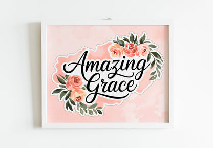 Christian Art - Amazing Grace - Floral Watercolor Graphic Wall art with Scripture Message, Religious Hymn Quote, Pastel Faith Art for Women