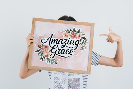 Christian Art - Amazing Grace - Floral Watercolor Graphic Wall art with Scripture Message, Religious Hymn Quote, Pastel Faith Art for Women