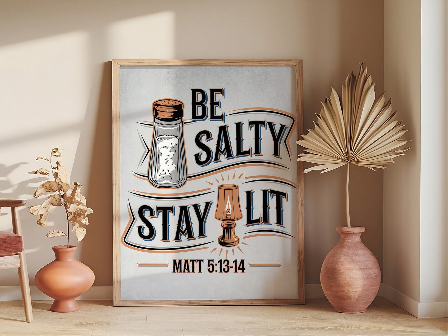 Christian Art - Be Salty Stay Lit - Bible Verse Wall art Inspired by Matthew 5:13, Scripture Art with Salt and Light Message for Believers