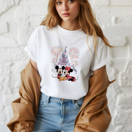 Mickey & Minnie Castle Fireworks Shirt – Disney Couple Magic Tee | Magical Castle Love Shirt – Mickey and Minnie Fireworks Tee for Disney Trips