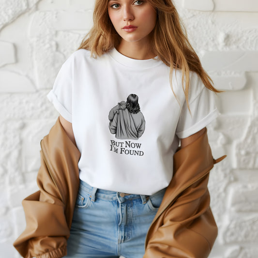 Jesus Carrying Lamb Shirt – I Was Lost But Now I'm Found Tee – Faith-Based Apparel | But Now I’m Found Shirt – Christian Lost Sheep T-Shirt – Luke 15:4 Inspired
