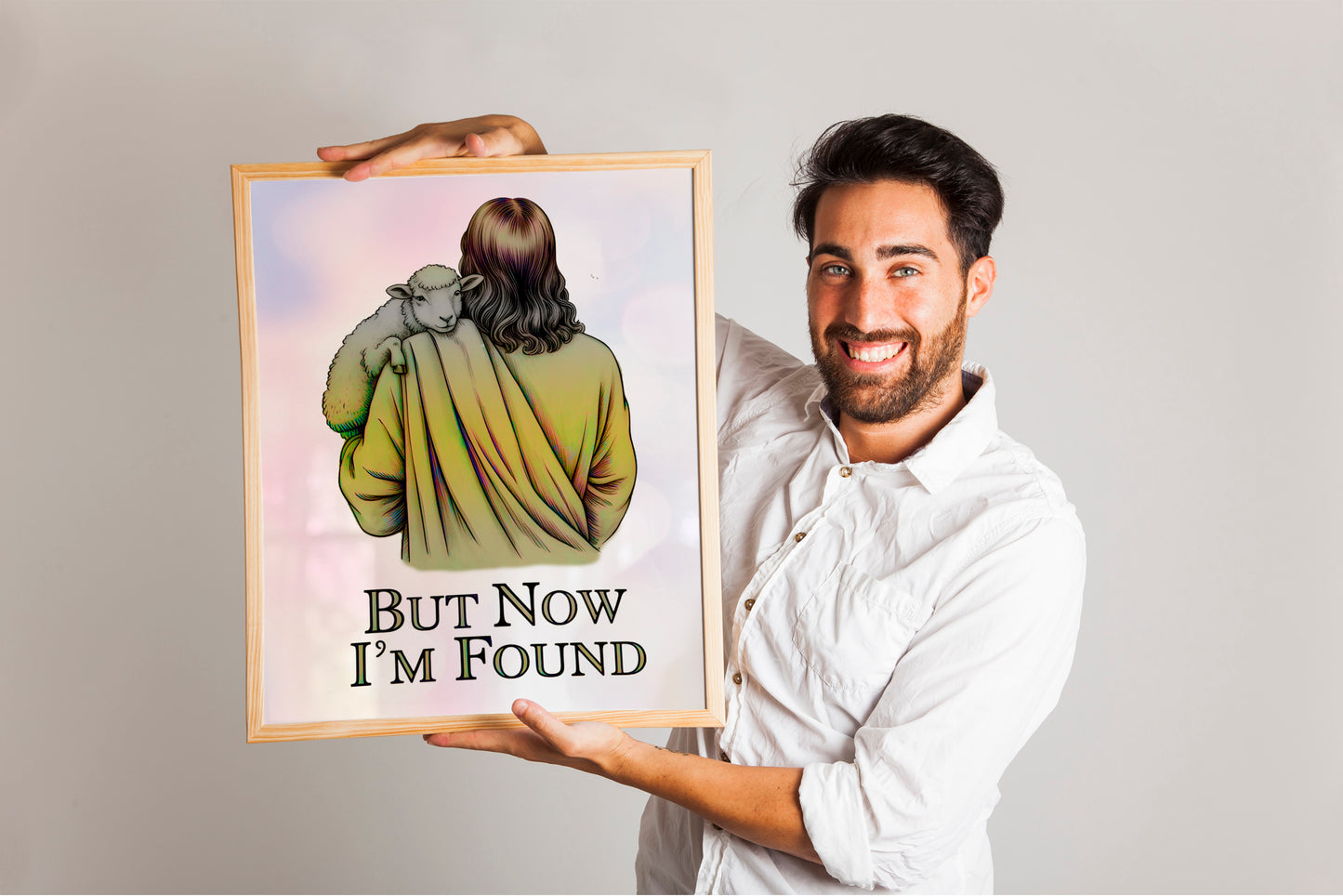 Christian Art - But Now I'm Found - Jesus Carrying Lamb Graphic Wall art, Biblical Redemption Art Art, Faith-Based Art for Believers