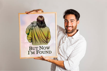 Christian Art - But Now I'm Found - Jesus Carrying Lamb Graphic Wall art, Biblical Redemption Art Art, Faith-Based Art for Believers