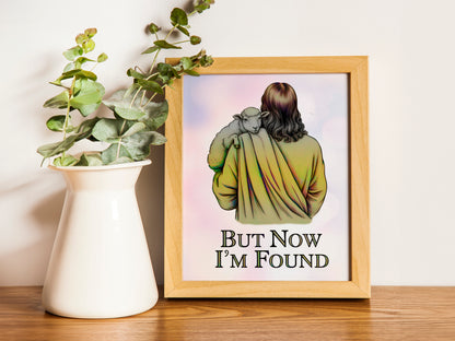Christian Art - But Now I'm Found - Jesus Carrying Lamb Graphic Wall art, Biblical Redemption Art Art, Faith-Based Art for Believers