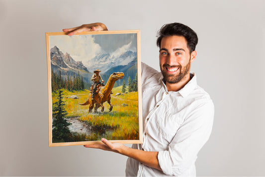Vintage Dinosaur Cowboy Art, Western Jurassic Painting, Funny Gift Print, Dinosaur Oil Art for Hi