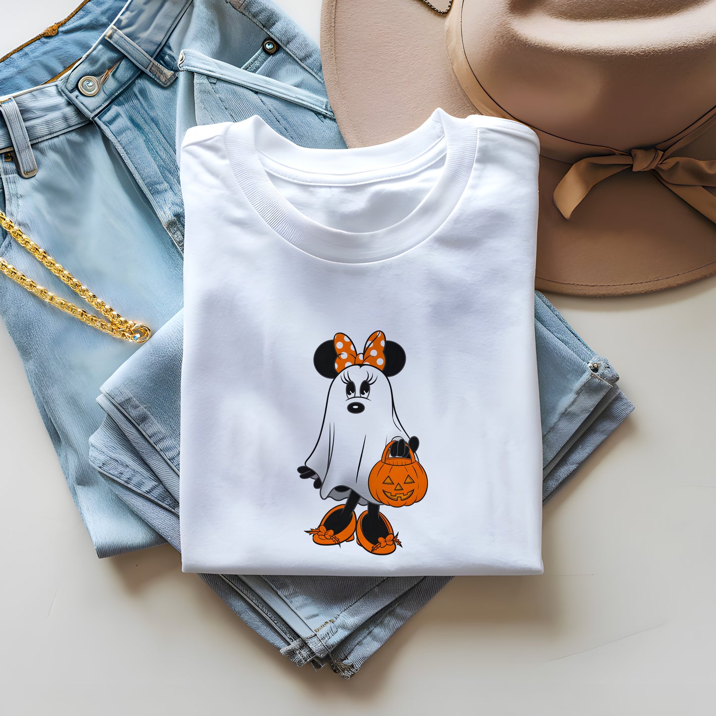 Minnie Mouse Halloween Ghost Shirt – Trick or Treat Pumpkin Tee | Disney Halloween Shirt – Minnie Mouse Ghost with Pumpkin Tee