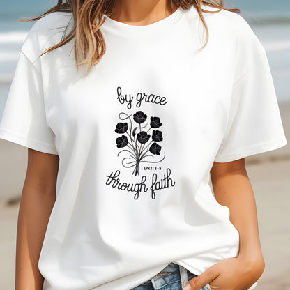 By Grace Through Faith Shirt – Ephesians 2:8-9 Bible Verse Tee – Christian Floral T-Shirt | Ephesians 2:8-9 Shirt – Elegant Christian Faith Tee – Grace Bible Verse T-Shirt