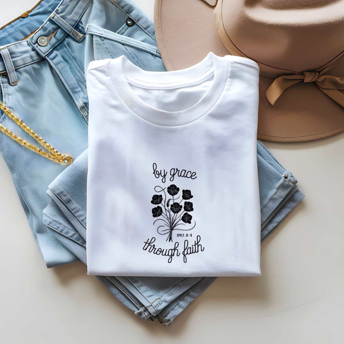 By Grace Through Faith Shirt – Ephesians 2:8-9 Bible Verse Tee – Christian Floral T-Shirt | Ephesians 2:8-9 Shirt – Elegant Christian Faith Tee – Grace Bible Verse T-Shirt