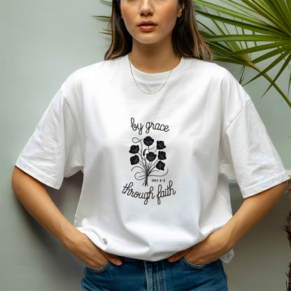 By Grace Through Faith Shirt – Ephesians 2:8-9 Bible Verse Tee – Christian Floral T-Shirt | Ephesians 2:8-9 Shirt – Elegant Christian Faith Tee – Grace Bible Verse T-Shirt