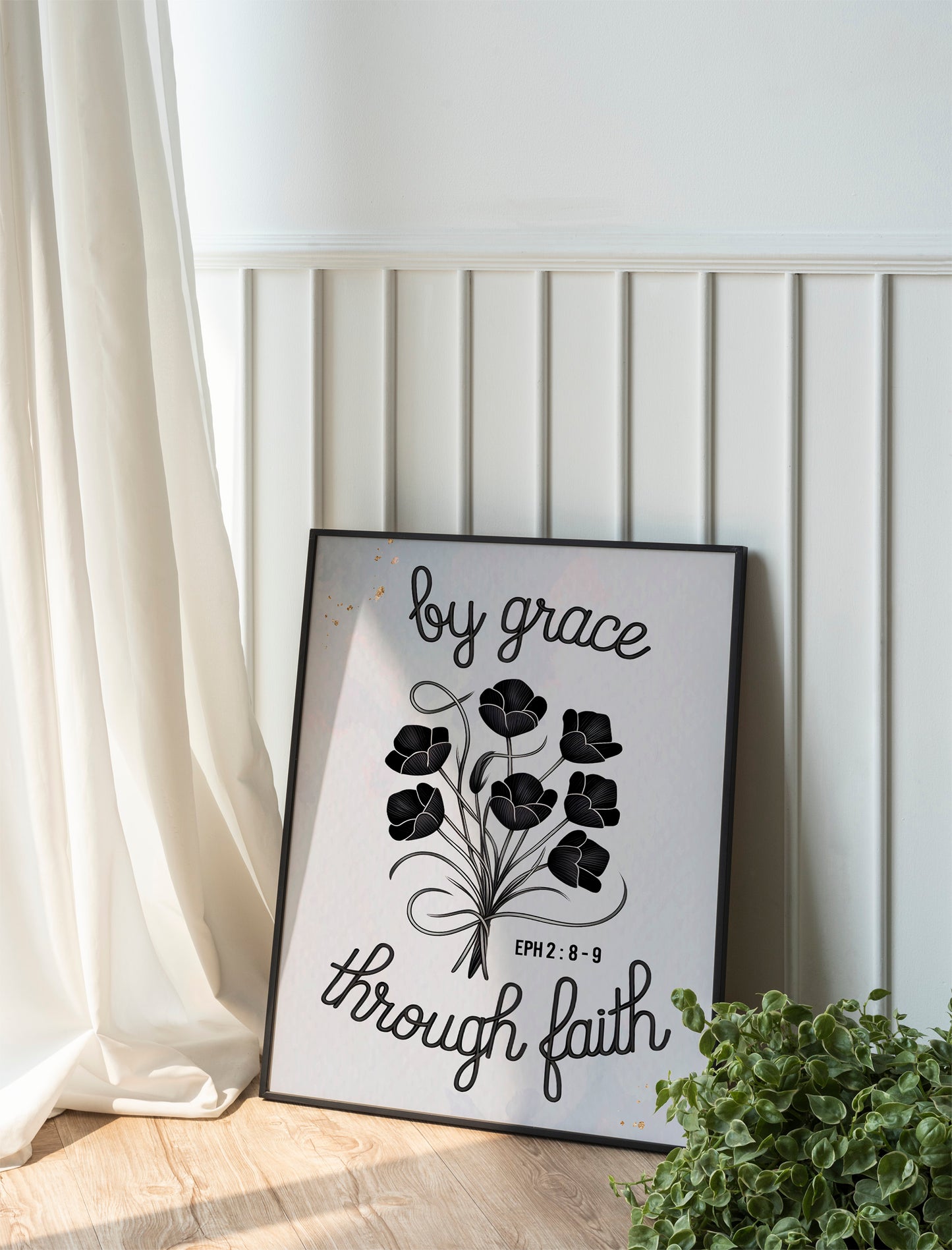 Christian Art - By Grace Through Faith - Ephesians 2:8-9 Scripture Wall art with Floral Design, Elegant Faith-Based Art for Women
