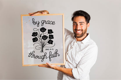 Christian Art - By Grace Through Faith - Ephesians 2:8-9 Scripture Wall art with Floral Design, Elegant Faith-Based Art for Women
