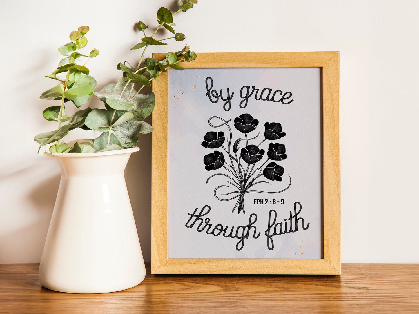 Christian Art - By Grace Through Faith - Ephesians 2:8-9 Scripture Wall art with Floral Design, Elegant Faith-Based Art for Women