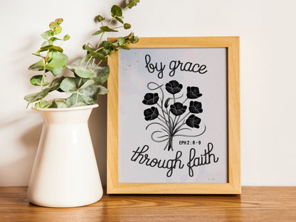 Christian Art - By Grace Through Faith - Ephesians 2:8-9 Scripture Wall art with Floral Design, Elegant Faith-Based Art for Women