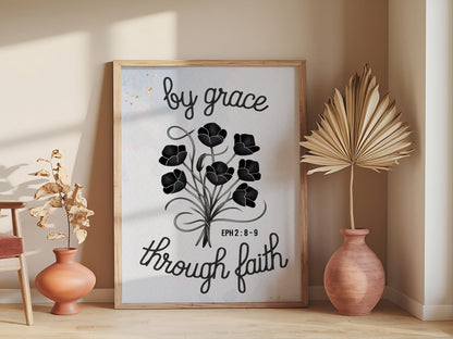 Christian Art - By Grace Through Faith - Ephesians 2:8-9 Scripture Wall art with Floral Design, Elegant Faith-Based Art for Women