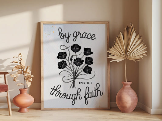 Christian Art - By Grace Through Faith - Ephesians 2:8-9 Scripture Wall art with Floral Design, Elegant Faith-Based Art for Women