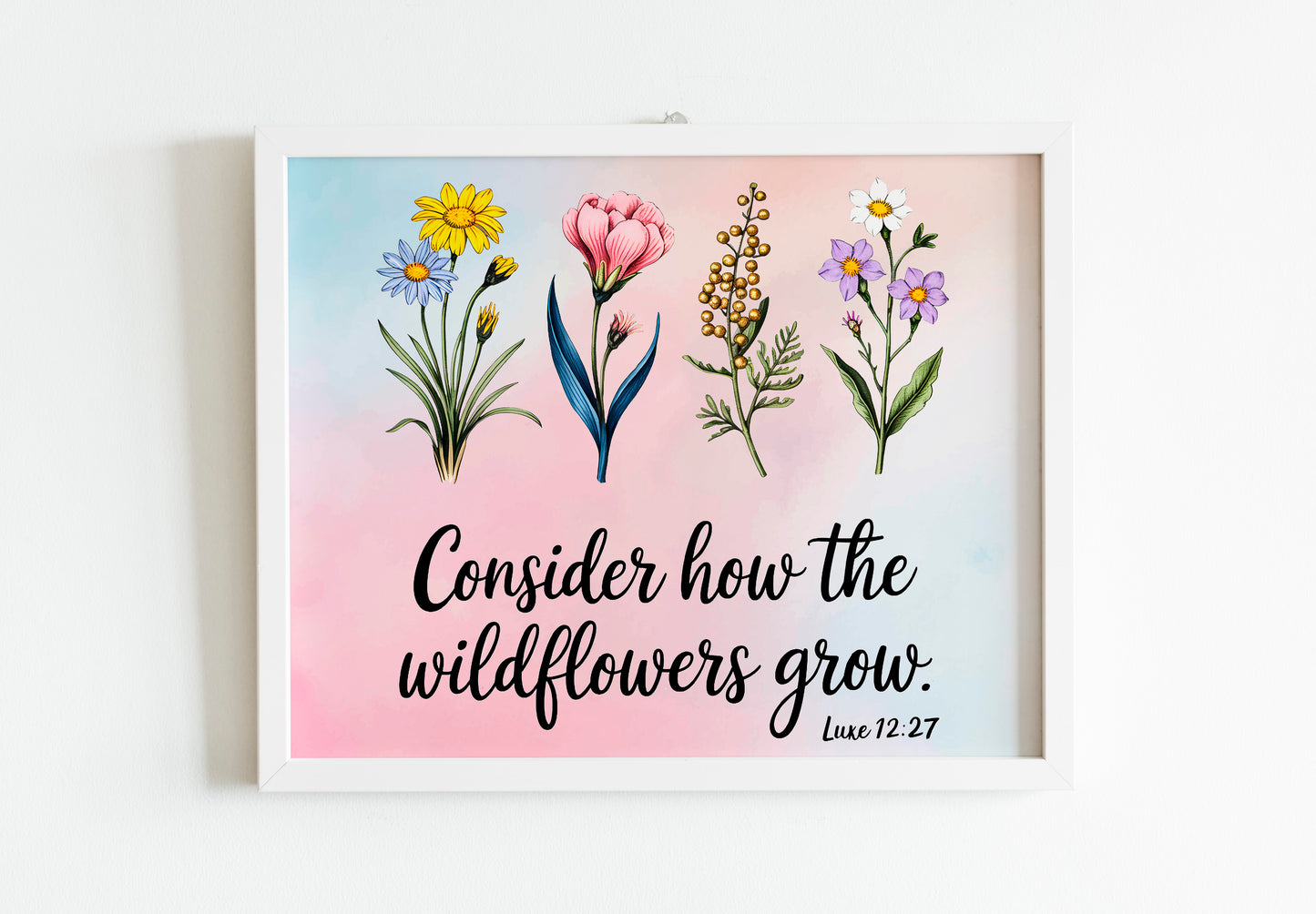 Christian Art - Consider the Wildflowers - Luke 12:27 Botanical Scripture Art, Faith-Based Nature Design for Christian Women