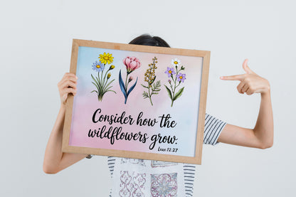 Christian Art - Consider the Wildflowers - Luke 12:27 Botanical Scripture Art, Faith-Based Nature Design for Christian Women