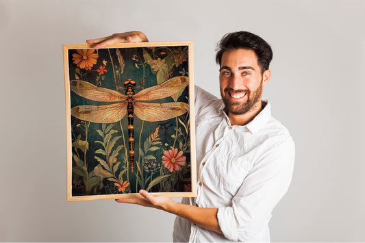 Dragonfly Cottagecore Art, Moody Botanical Print, Aesthetic William Morris Decor, Dark Feminine Wall Art.
