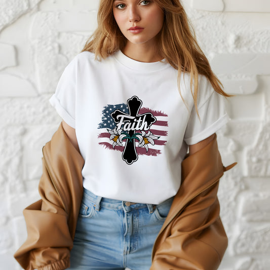 Faith Cross USA Flag Shirt – Christian Patriotic Tee – Jesus and Freedom T-Shirt | God and Country Shirt – Faith Cross Tee – Christian American Pride Shirt