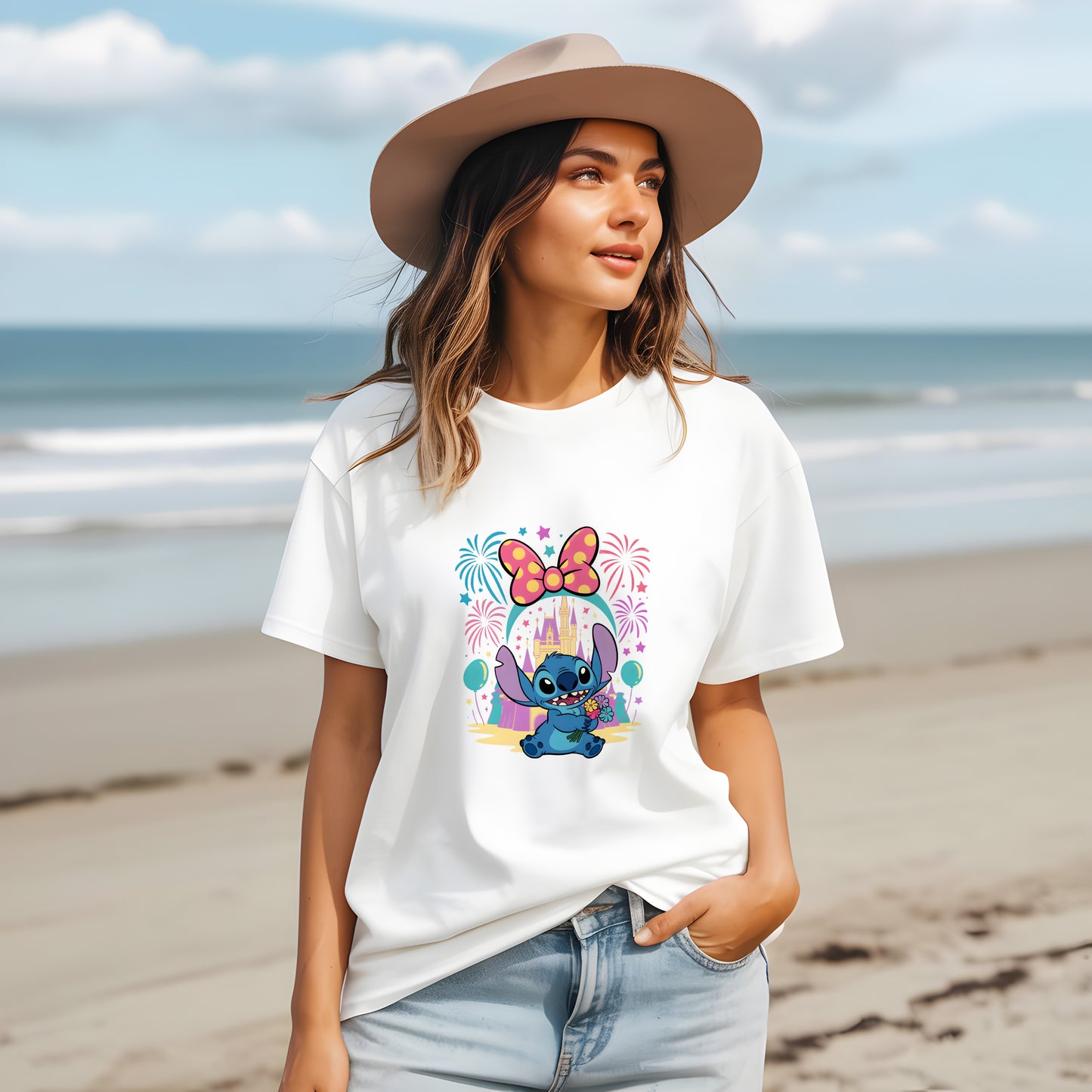 Cute Stitch Castle T-Shirt – Minnie Bow, Fireworks & Floral Gift Design | Stitch Disney Castle Shirt – Fireworks & Flowers Magic Tee for Women & Kids